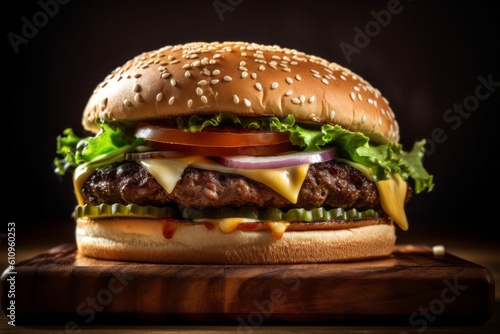 Highly detailed close-up photography of a tasty burguer on a wooden board against a white ceramic background. With generative AI technology