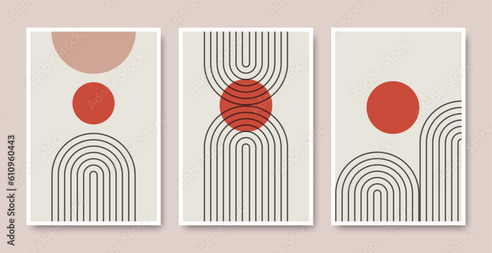 Set of abstract boho modern posters, with orange sun and grey arc line. Minimalist design for background, wall art cover, wallpaper, card, interior décor, vector illustration.