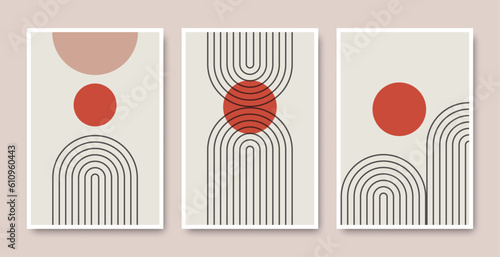 Set of abstract boho modern posters, with orange sun and grey arc line. Minimalist design for background, wall art cover, wallpaper, card, interior décor, vector illustration.
