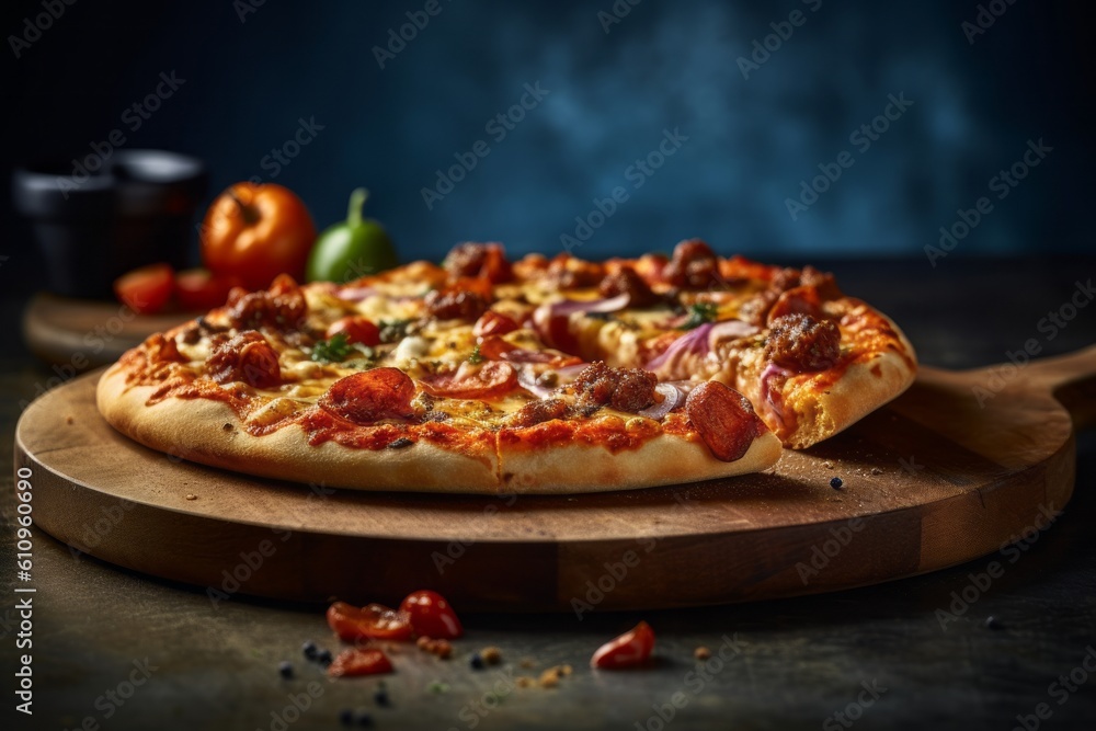 Conceptual close-up photography of a tempting pizza on a wooden board against a grey concrete background. With generative AI technology