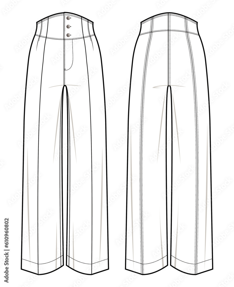 High-Waisted trousers flat technical drawing template. Trousers technical fashion Illustration, front and back view, white, CAD mockup. High-Waisted trousers flat technical drawing template. Trousers technical fashion Illustration, front and back view, white, CAD mockup.