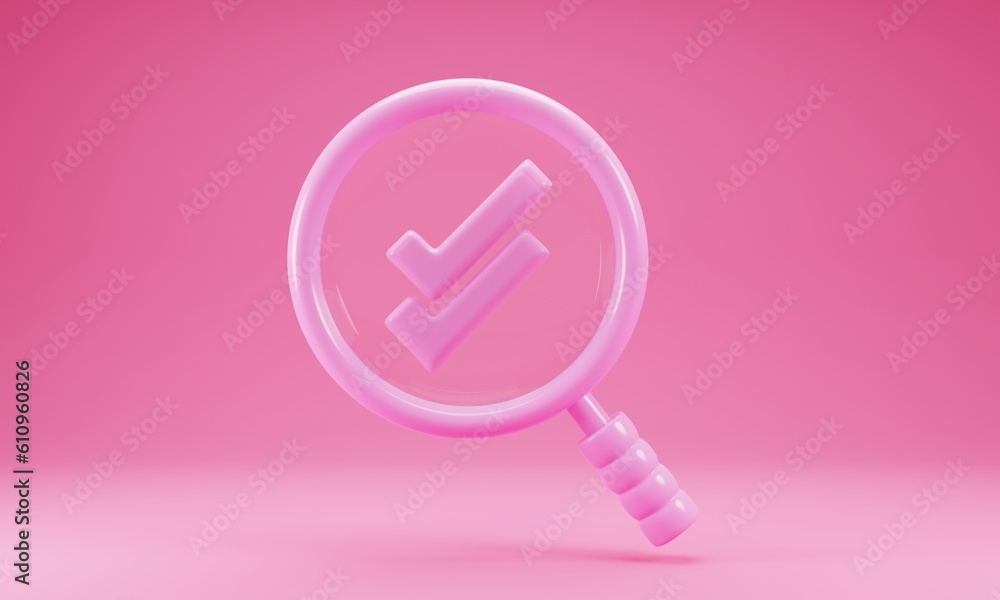 Magnifying glass with checklist icon isolated on pink background. 3d rendering illustration Magnifying glass with checklist icon isolated on pink background. 3d rendering illustration