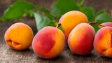 Fresh ripe yummy peaches on dark background, generative ai