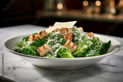 Highly detailed close-up photography of a tempting caesar salad on a ceramic tile against a white marble background. With generative AI technology