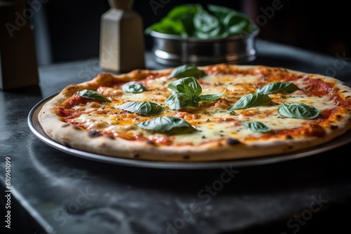 Macro view photography of a tempting pizza on a metal tray against a painted brick background. With generative AI technology