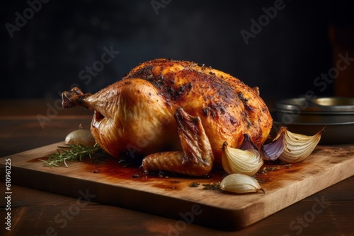 Conceptual close-up photography of a tempting roast chicken on a wooden board against a painted brick background. With generative AI technology photo