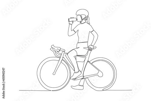 Vector one continuous single line drawing of young girl riding bicycle for exercise healthy commuter lifestyle concept linear sketch isolated