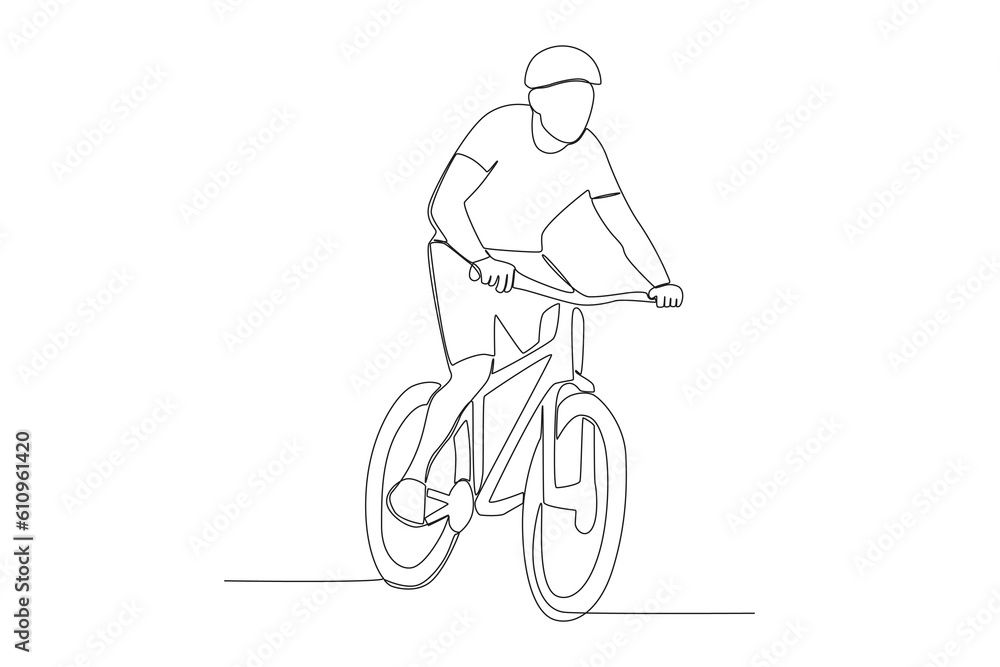 Obraz premium Vector one continuous single line drawing of young man riding bicycle for exercise healthy commuter lifestyle concept linear sketch isolated