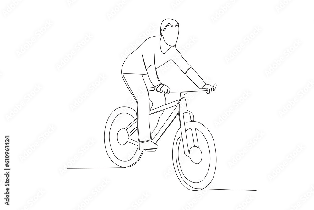 Vector one continuous single line drawing of young man riding bicycle for exercise healthy commuter lifestyle concept linear sketch isolated Vector one continuous single line drawing of young man riding bicycle for exercise healthy commuter lifestyle concept linear sketch isolated