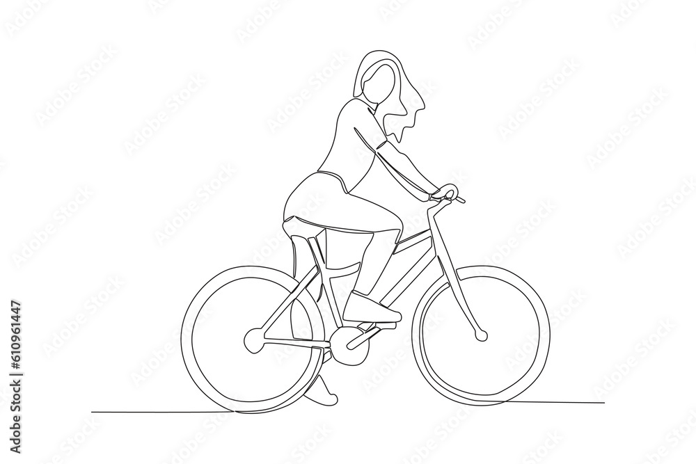 Vector one continuous single line drawing of young girl riding bicycle for exercise healthy commuter lifestyle concept linear sketch isolated Vector one continuous single line drawing of young girl riding bicycle for exercise healthy commuter lifestyle concept linear sketch isolated