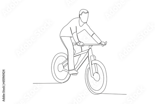 Vector one continuous single line drawing of young man riding bicycle for exercise healthy commuter lifestyle concept linear sketch isolated
