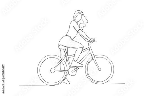 Vector one continuous single line drawing of young girl riding bicycle for exercise healthy commuter lifestyle concept linear sketch isolated