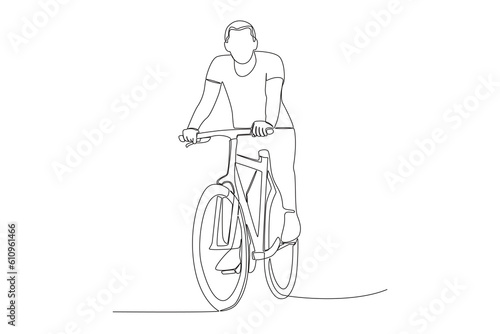 Vector one continuous single line drawing of young man riding bicycle for exercise healthy commuter lifestyle concept linear sketch isolated
