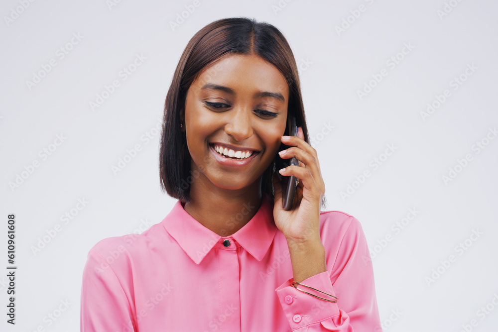 Phone call, laugh and Indian woman in studio smile for conversation, talking and funny chat. Communication mockup, white background and female person on smartphone for network, contact and connection Phone call, laugh and Indian woman in studio smile for conversation, talking and funny chat. Communication mockup, white background and female person on smartphone for network, contact and connection