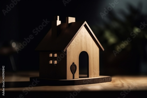 Close-up of a wooden figure of a small one-story house. A miniature statuette made of light wood stands on a table in the room. Blurred background. Generative AI illustration.