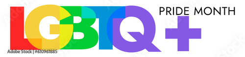 LGBTQ PRIDE month banner for festival parades, parties, and social events. Rainbow alphabet art on white background. Vector illustration template.