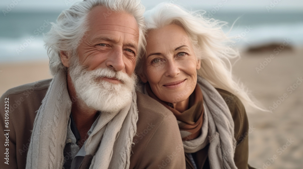 Beautiful old man and woman posing together at the seaside. AI ...