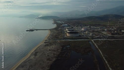 Wallpaper Mural Aerial approaching natural gas refinery, factory next to vast beach. Torontodigital.ca