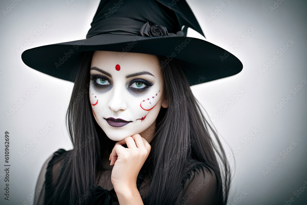Halloween holiday. Girl in a witch costume with scary makeup for halloween autumn holiday celebration party. Generative AI Halloween holiday. Girl in a witch costume with scary makeup for halloween autumn holiday celebration party. Generative AI
