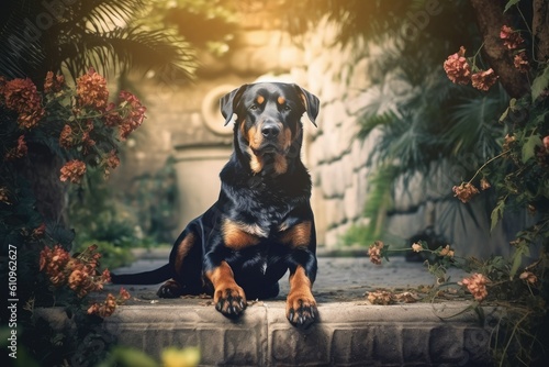 Rottweiler Safeguarding a Lavish Garden