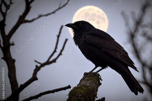 A black raven sits on a withered tree branch in the forest at night in the moonlight. Terrible picture. halloween night. Generative AI