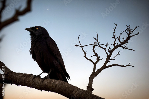 A black raven sits on a withered tree branch in the forest at night in the moonlight. Terrible picture. halloween night. Generative AI