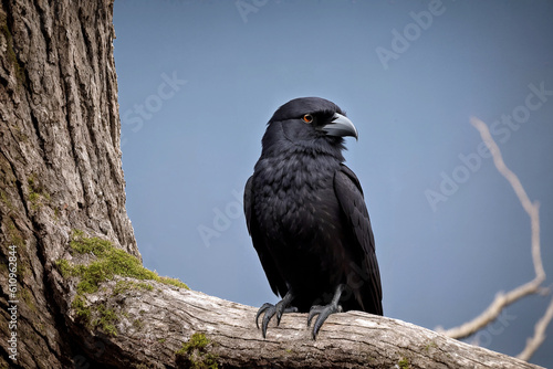 A black raven sits on a withered tree branch in the forest at night in the moonlight. Terrible picture. halloween night. Generative AI