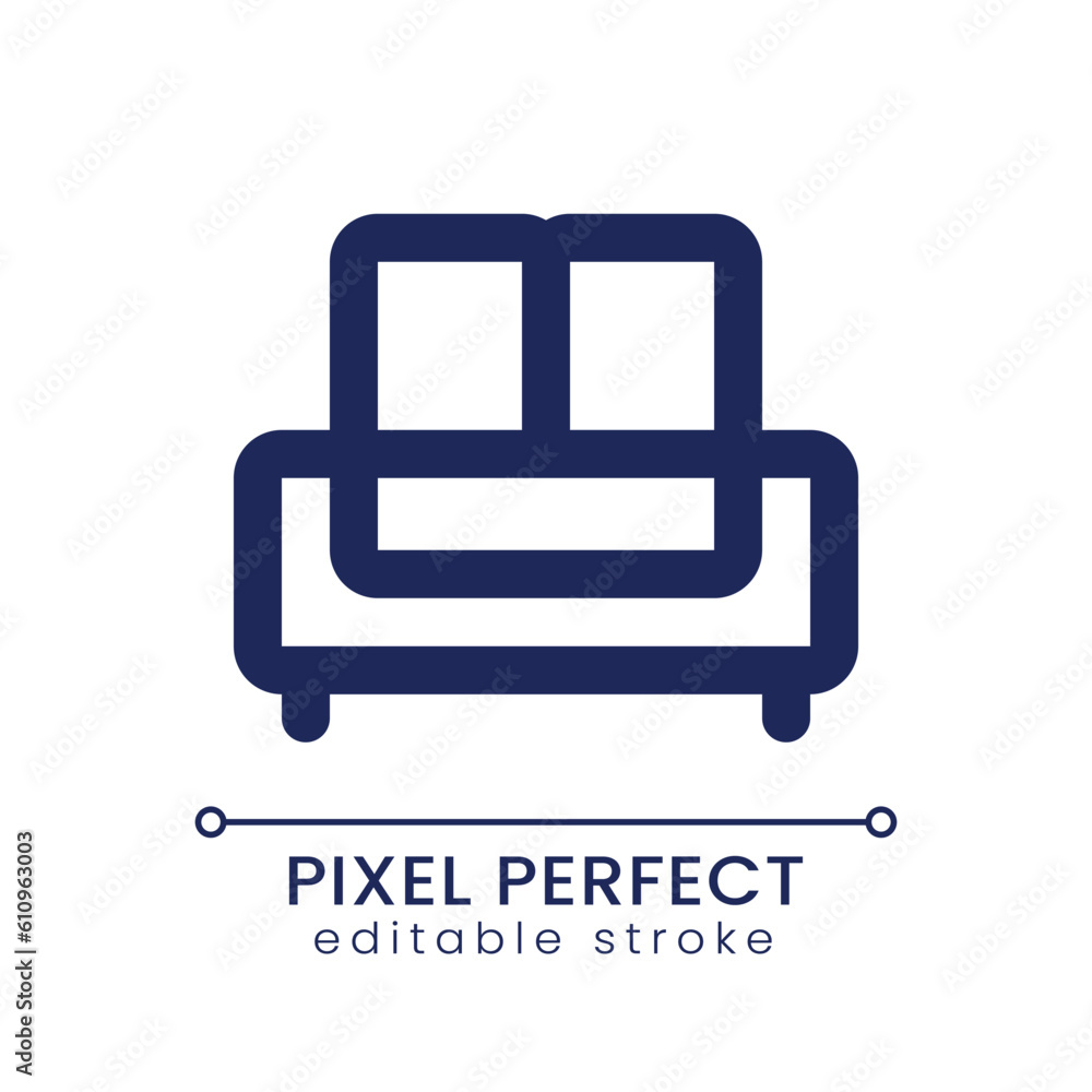 Sofa pixel perfect linear ui icon. Comfortable piece of furniture. Double bed. GUI, UX design. Outline isolated user interface element for app and web. Editable stroke. Poppins font used Sofa pixel perfect linear ui icon. Comfortable piece of furniture. Double bed. GUI, UX design. Outline isolated user interface element for app and web. Editable stroke. Poppins font used