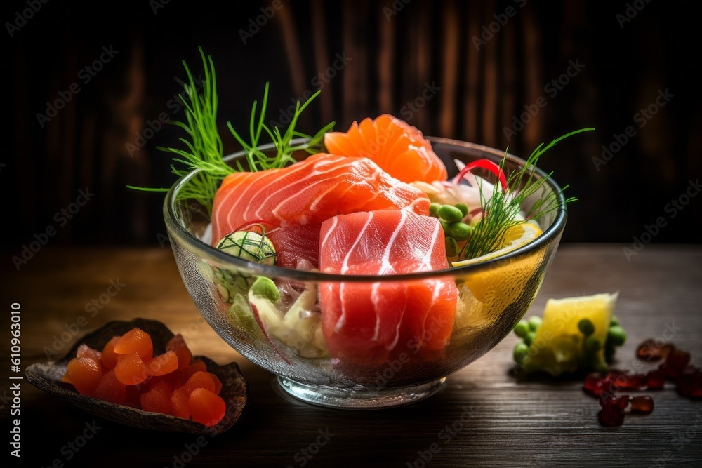 Detailed close-up photography of a tempting sashimi in a glass bowl against a painted brick background. With generative AI technology Detailed close-up photography of a tempting sashimi in a glass bowl against a painted brick background. With generative AI technology