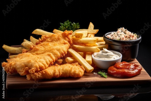 Macro detail close-up photography of a tempting fish and chips on a wooden board against a black slate background. With generative AI technology
