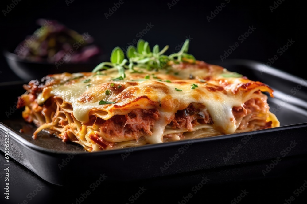Macro view photography of a tempting lasagna on a porcelain platter against a black slate background. With generative AI technology Macro view photography of a tempting lasagna on a porcelain platter against a black slate background. With generative AI technology