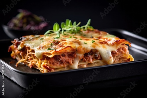 Macro view photography of a tempting lasagna on a porcelain platter against a black slate background. With generative AI technology