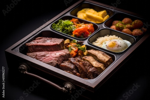 Macro detail close-up photography of a delicious argentine asado in a bento box against a black slate background. With generative AI technology