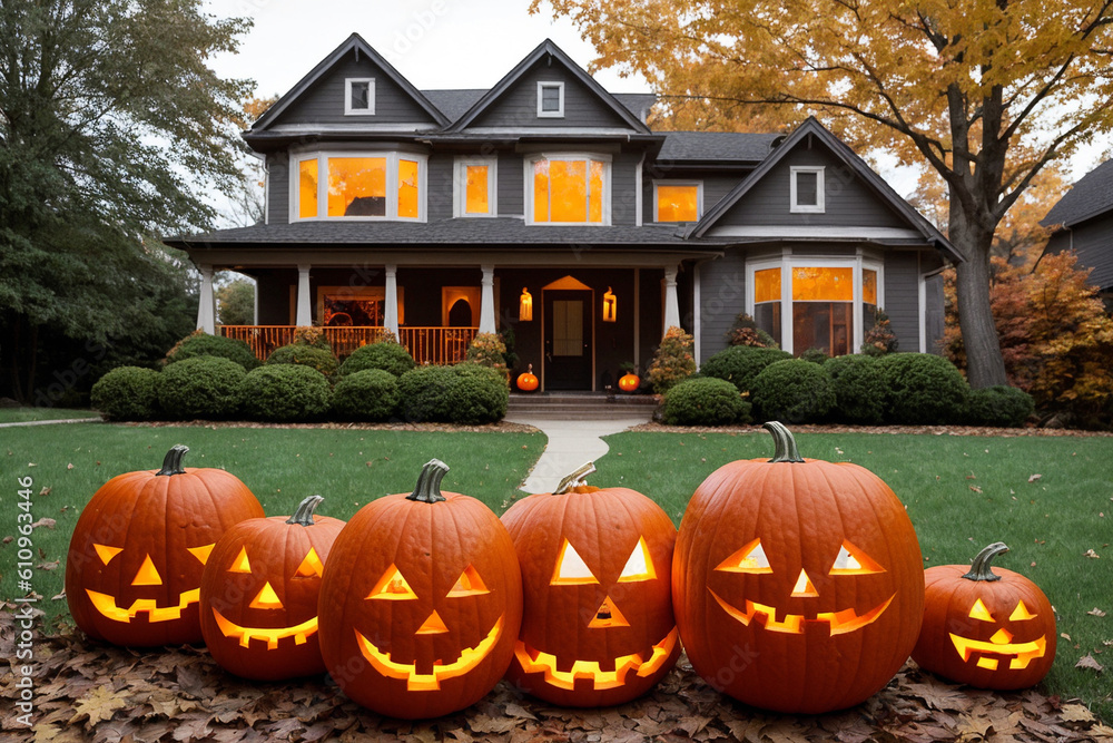 Country house decorated with halloween harvest festival attributes. Pumpkins, autumn leaves, night, jack o lantern, fear and horror. Generative AI Country house decorated with halloween harvest festival attributes. Pumpkins, autumn leaves, night, jack o lantern, fear and horror. Generative AI