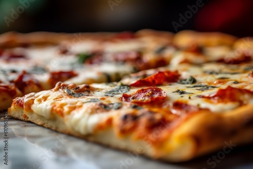 Macro detail close-up photography of a tempting pizza on a marble slab against a colorful tile background. With generative AI technology