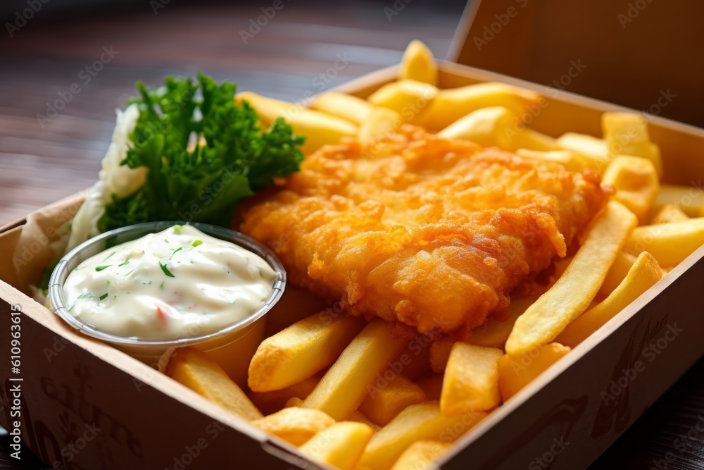 Detailed close-up photography of a delicious fish and chips in a bento box against a colorful tile background. With generative AI technology Detailed close-up photography of a delicious fish and chips in a bento box against a colorful tile background. With generative AI technology