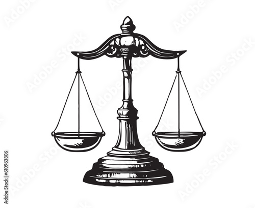 Scales for weighing, libra, justice, hand drawn. Vector hand drawn isolated on white background