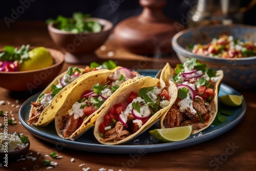 Close-up view photography of a tempting tacos on a rustic plate against a colorful tile background. With generative AI technology