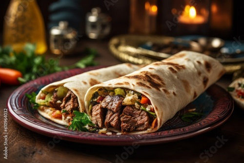 Rustic ambiance close-up photography of a tempting kebab on a rustic plate against a colorful tile background. With generative AI technology