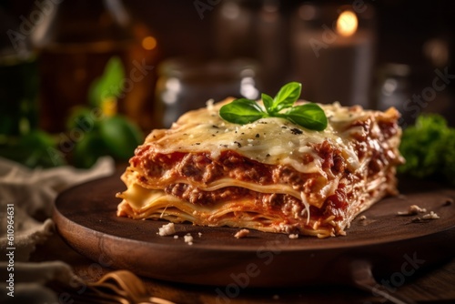 Close-up view photography of a tempting lasagna on a wooden board against a rustic textured paper background. With generative AI technology