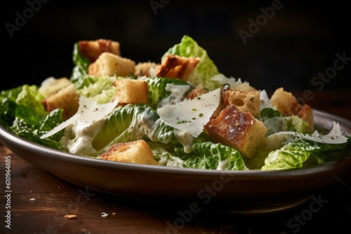 Macro view photography of a juicy caesar salad on a porcelain platter against a rustic textured paper background. With generative AI technology