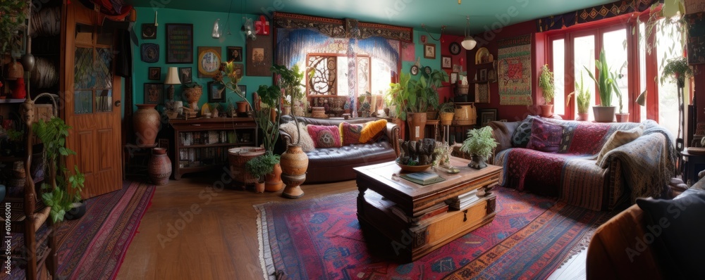 Banner - Living room in Bohemian style characterized by vibrant colors and rich patterns, with a mix of eclectic and vintage furniture. Architecture and Real estate, AI generative