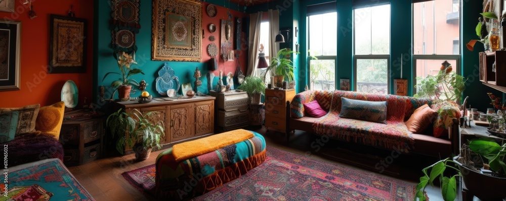 Banner - Living room in Bohemian style characterized by vibrant colors and rich patterns, with a mix of eclectic and vintage furniture. Architecture and Real estate, AI generative