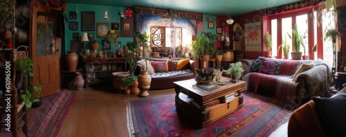 Banner - Living room in Bohemian style characterized by vibrant colors and rich patterns  with a mix of eclectic and vintage furniture. Architecture and Real estate  AI generative