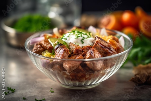 Macro view photography of a tempting kebab in a glass bowl against a rustic textured paper background. With generative AI technology