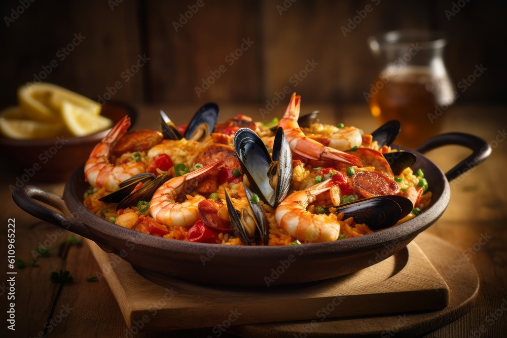 Natural light close-up photography of a refined  paella on a wooden board against a rustic textured paper background. With generative AI technology