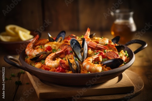 Natural light close-up photography of a refined  paella on a wooden board against a rustic textured paper background. With generative AI technology