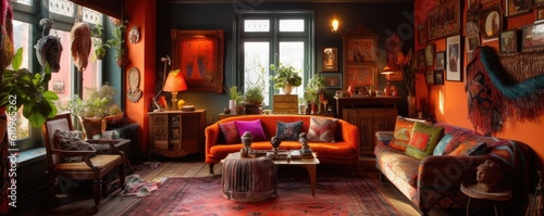 Banner - Living room in Bohemian style characterized by vibrant colors and rich patterns  with a mix of eclectic and vintage furniture. Architecture and Real estate  AI generative