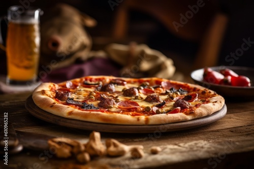 Rustic ambiance close-up photography of a tempting pizza on a rustic plate against a natural linen fabric background. With generative AI technology