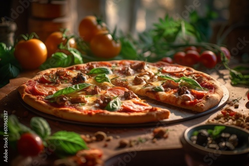 Rustic ambiance close-up photography of a tempting pizza on a rustic plate against a natural linen fabric background. With generative AI technology